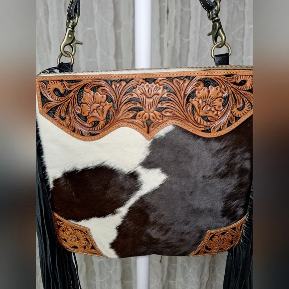 Myra Bag Black & Brown Cowhide Tooled Leather & Fringe Sholder Or Crossbody Bag - Picture 3 of 10